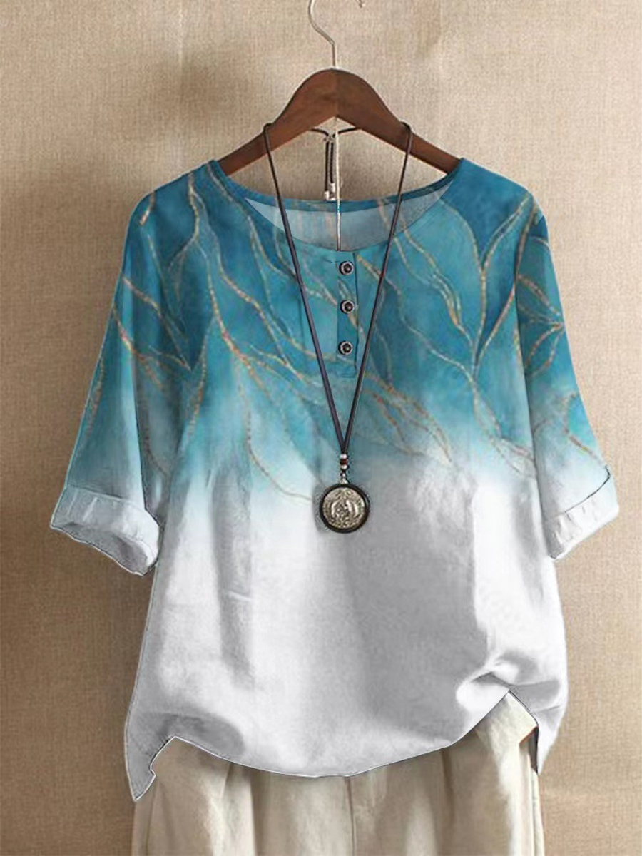 Casual Loose Floral Print Button Crew Neck Short Sleeve Blouse