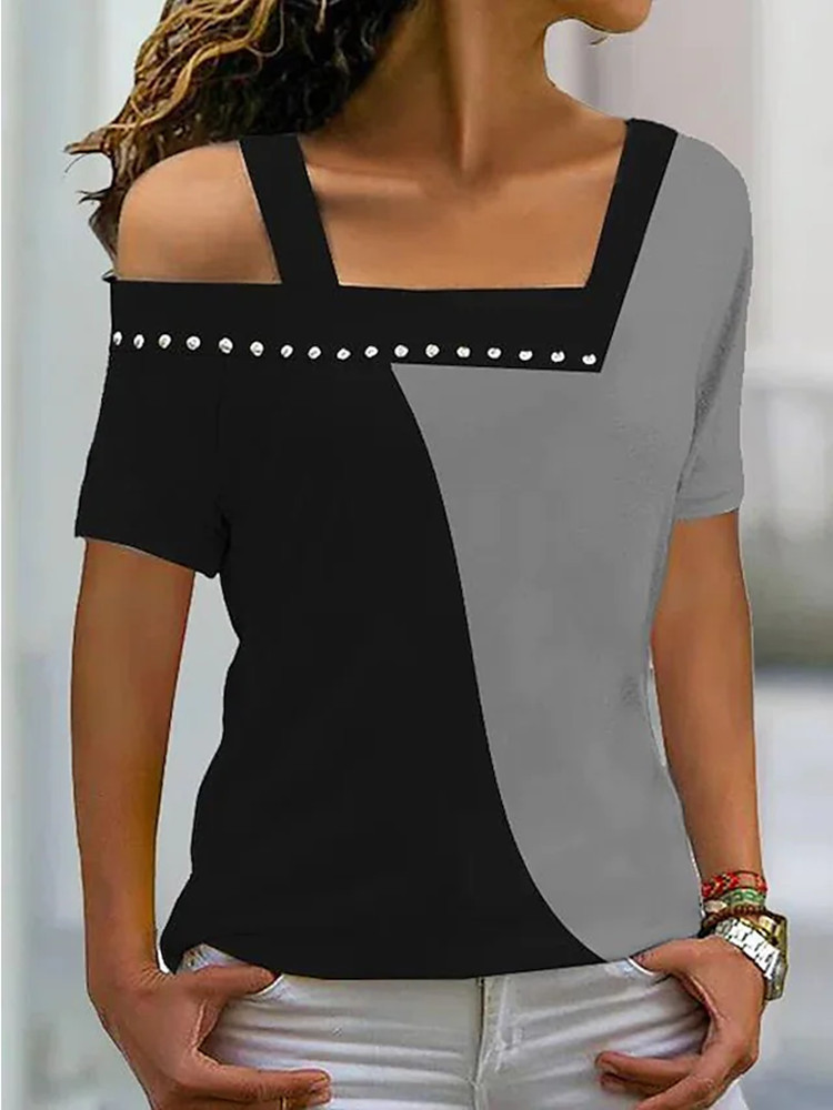 V neck Casual Loose Color Block Short sleeved T shirt