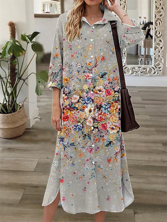 Casual Loose Floral Print Long Sleeve Cardigan Midi Dress