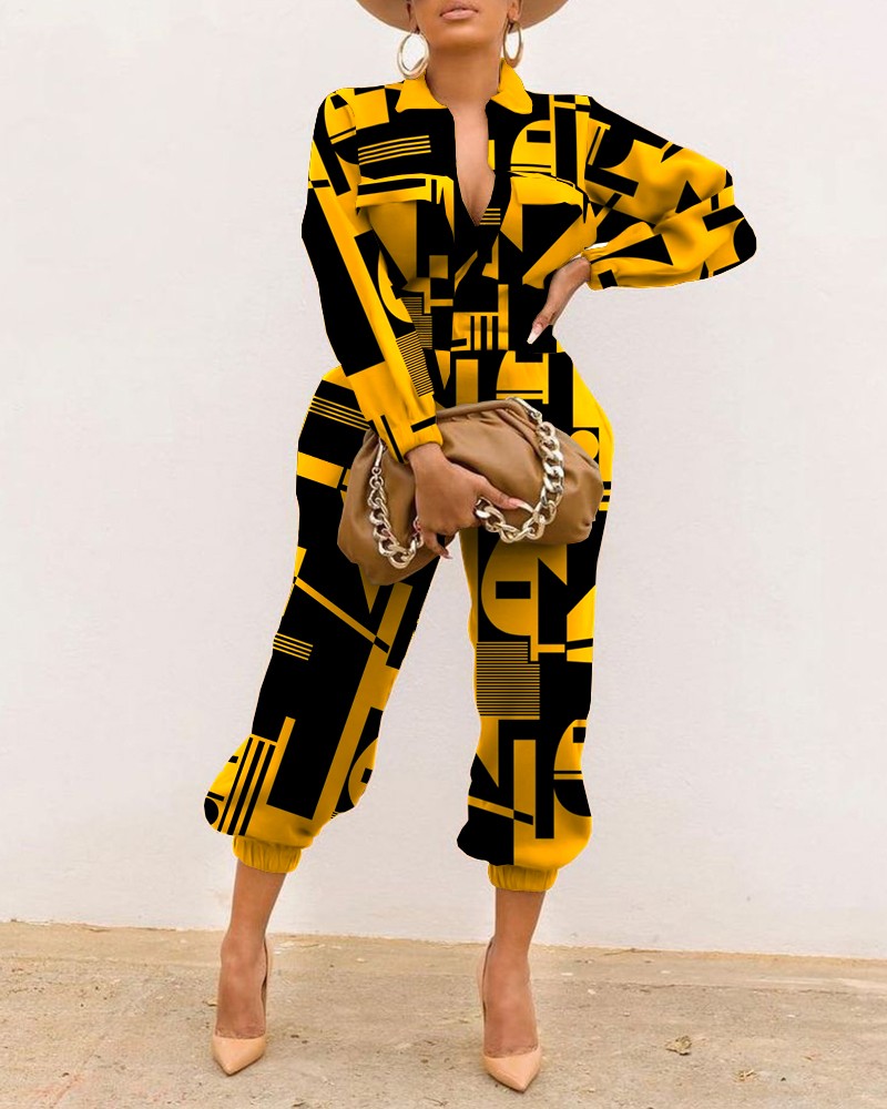 Women's Fashion Color Block Printed Contrast Jumpsuit
