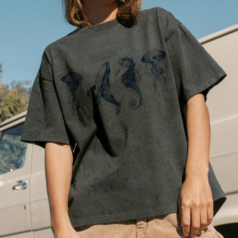 Summer Retro Surf Marine Life Printed Casual Tee