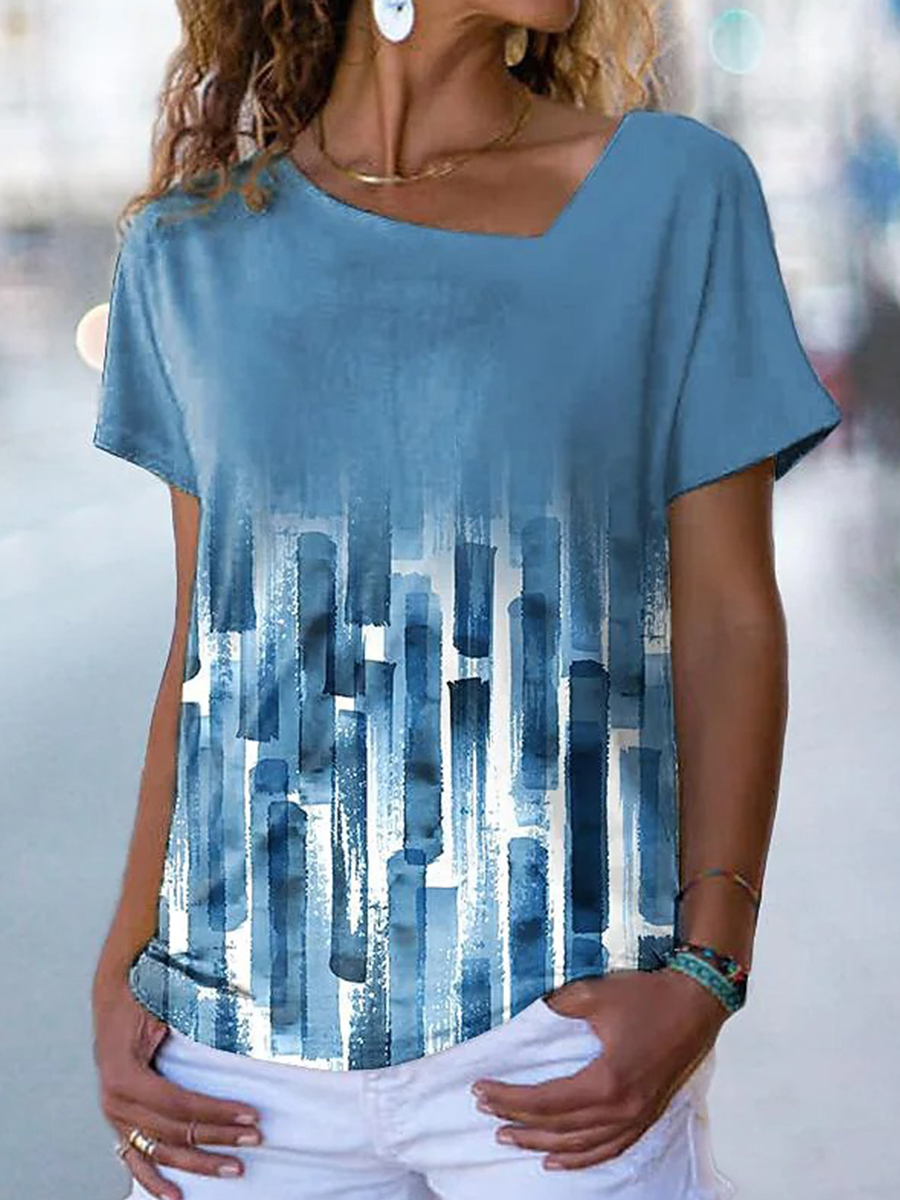Summer Printed Asymmetric Neck Short Sleeve Printed T Shirt