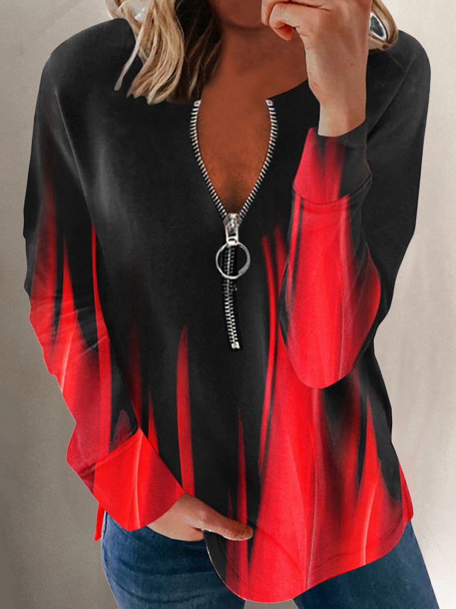 Fall/Winter Gradient Print Zipper V Neck Long Sleeve T Shirt