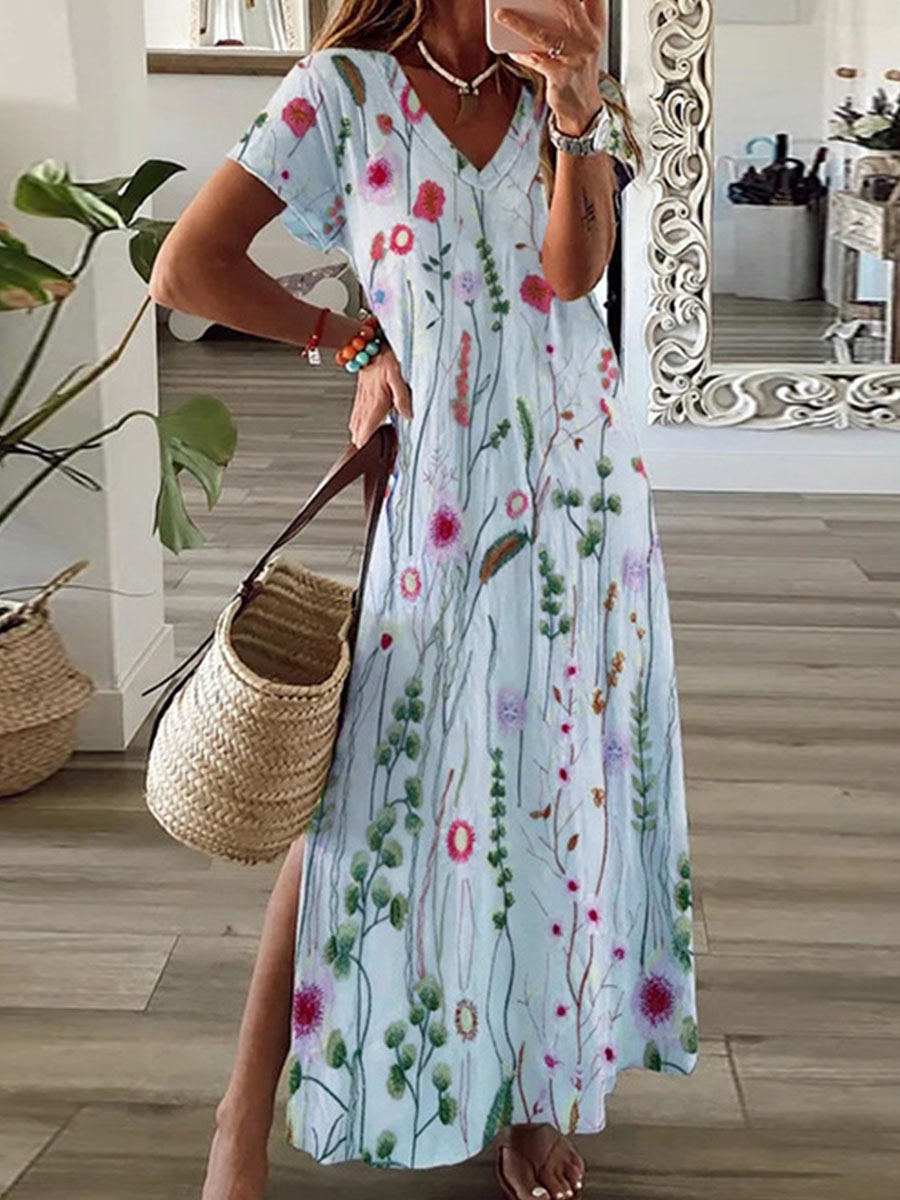 Short Sleeve Floral Print Summer Fall V Neck Casual Printed Dress