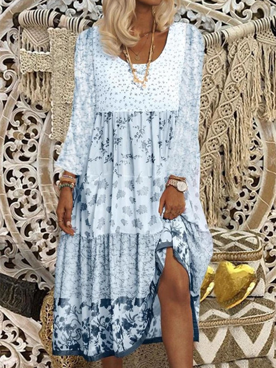 Casual Floral Print Long Sleeve Crew Neck Midi Dress