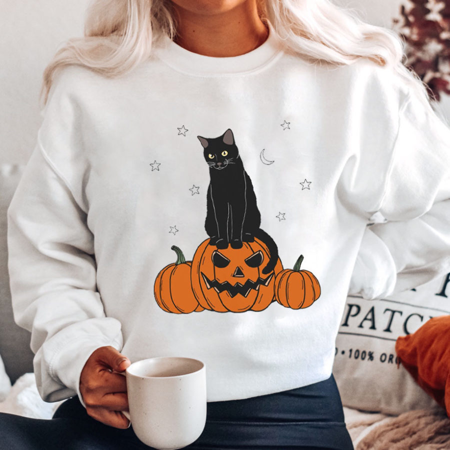 

Moletom Casual Feminino Com Estampa De Abóbora De Gato Preto E Halloween