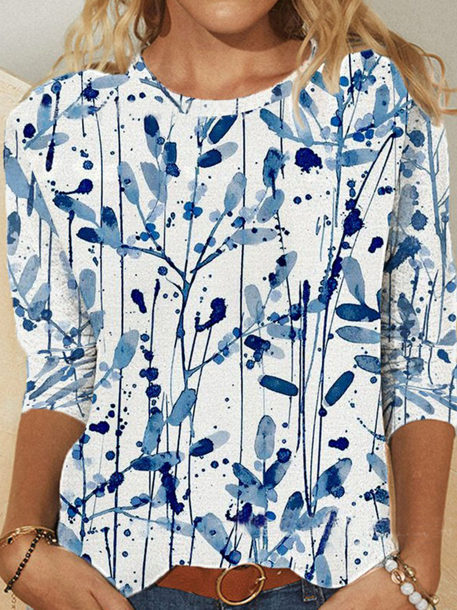 Crew Neck Leaf Print Loose Long sleeved T shirt