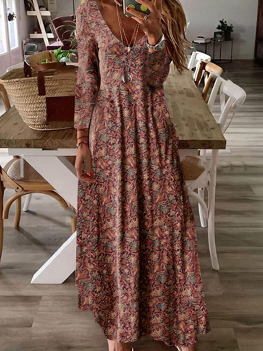 Casual Floral Print Long Sleeve V Neck Maxi Dress