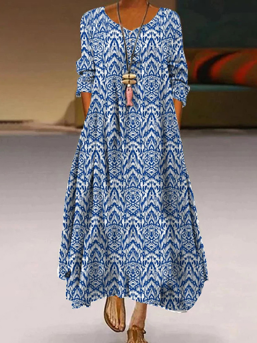 Casual Vintage Ethnic Print Crew Neck Long Sleeve Maxi Dress