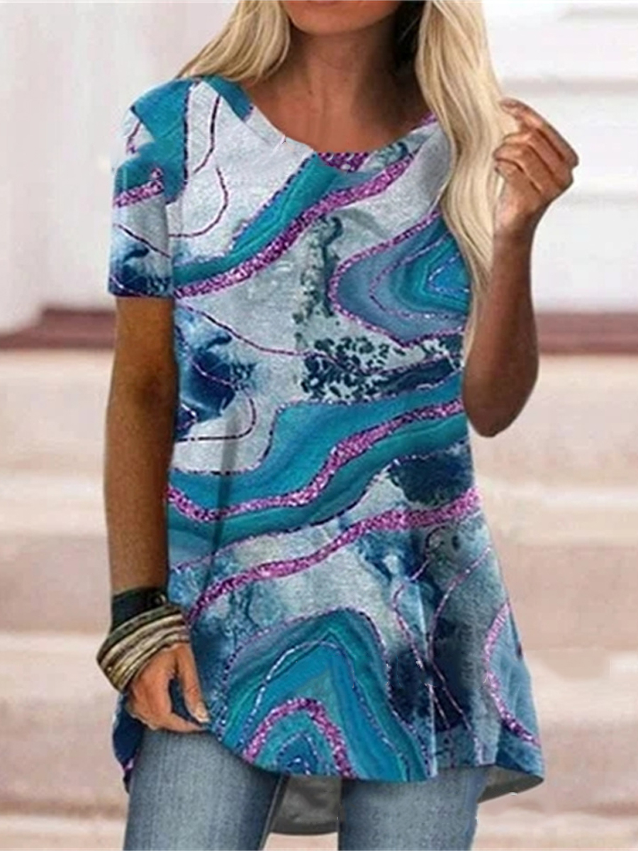 Casual Marble Print Crew Neck Short Sleeve T Shirt