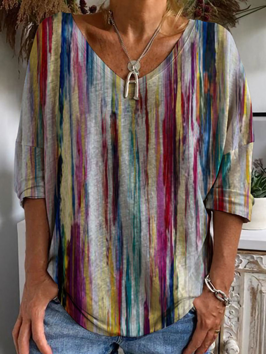 V-neck Casual Loose Striped Print Chic Long Sleeve T-shirt