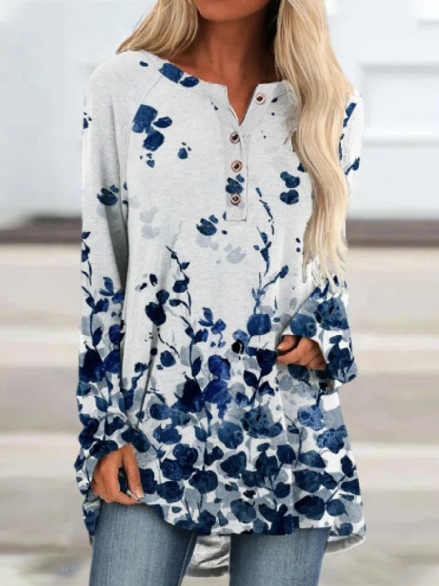 Fashion Decorative Button Printed Long Sleeve T Shirt