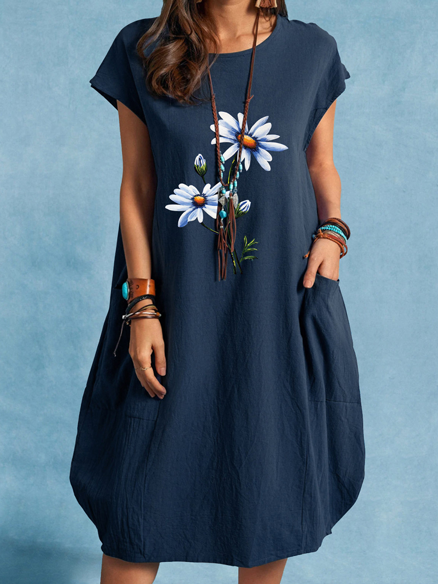 Floral Print Cotton And Linen Pocket Dress