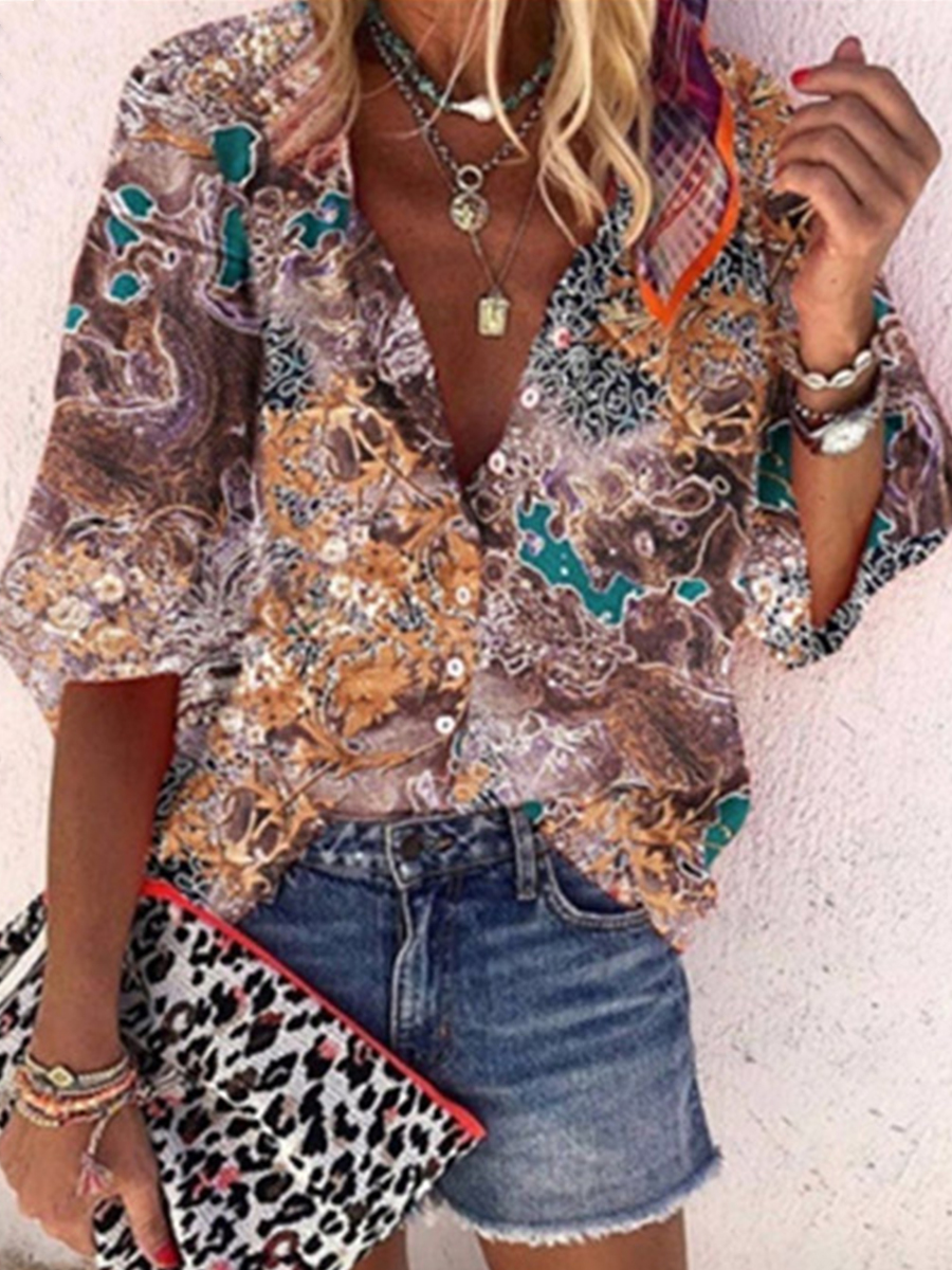 Multicolor Print Casual Long Sleeve Blouse