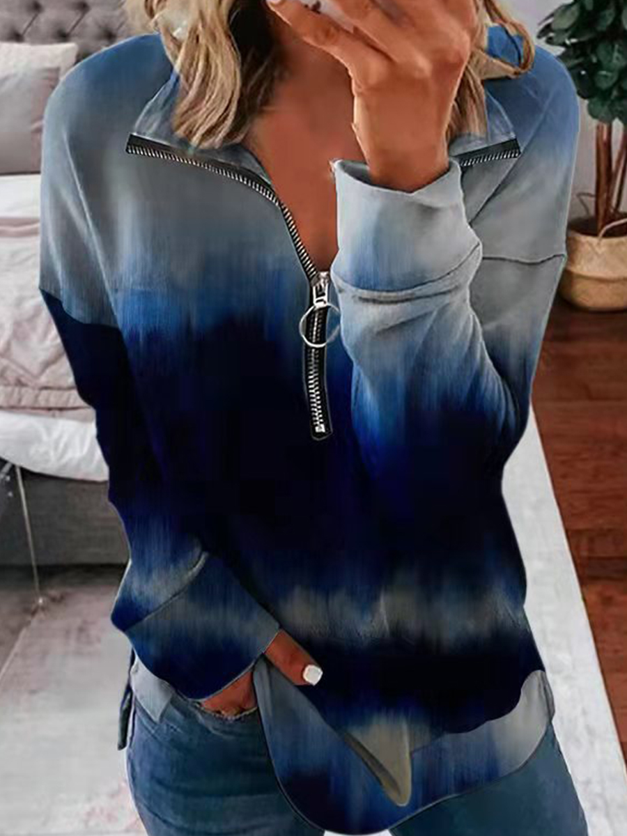 Fall/Winter V Neck Zipper Gradient Print Long Sleeve Loose T Shirt