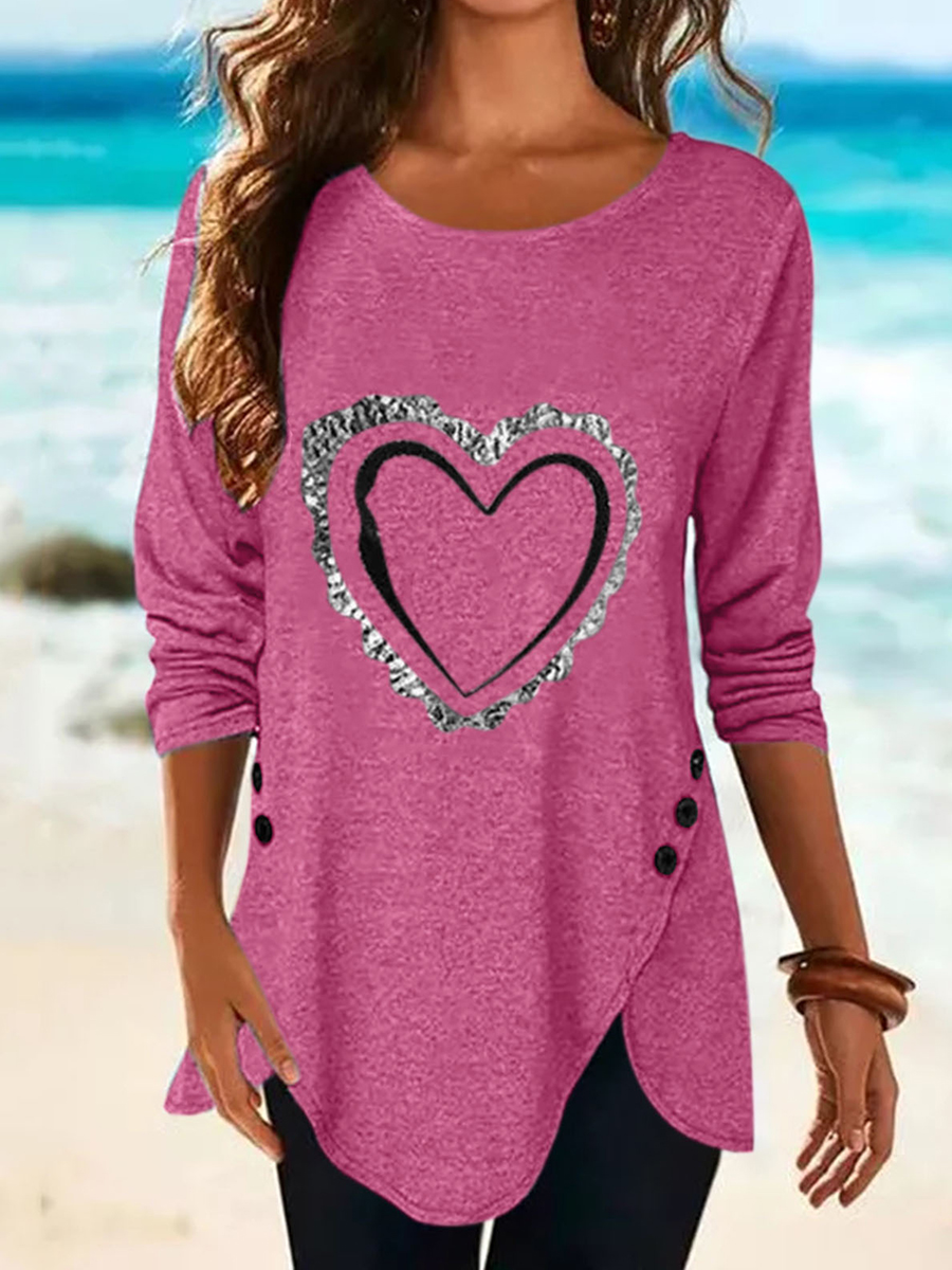 Heart Print Irregular Long Sleeve Button T Shirt