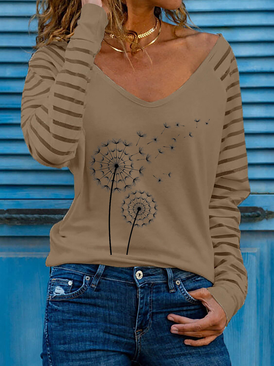 Fall Dandelion Print V Neck Long Sleeve T Shirt