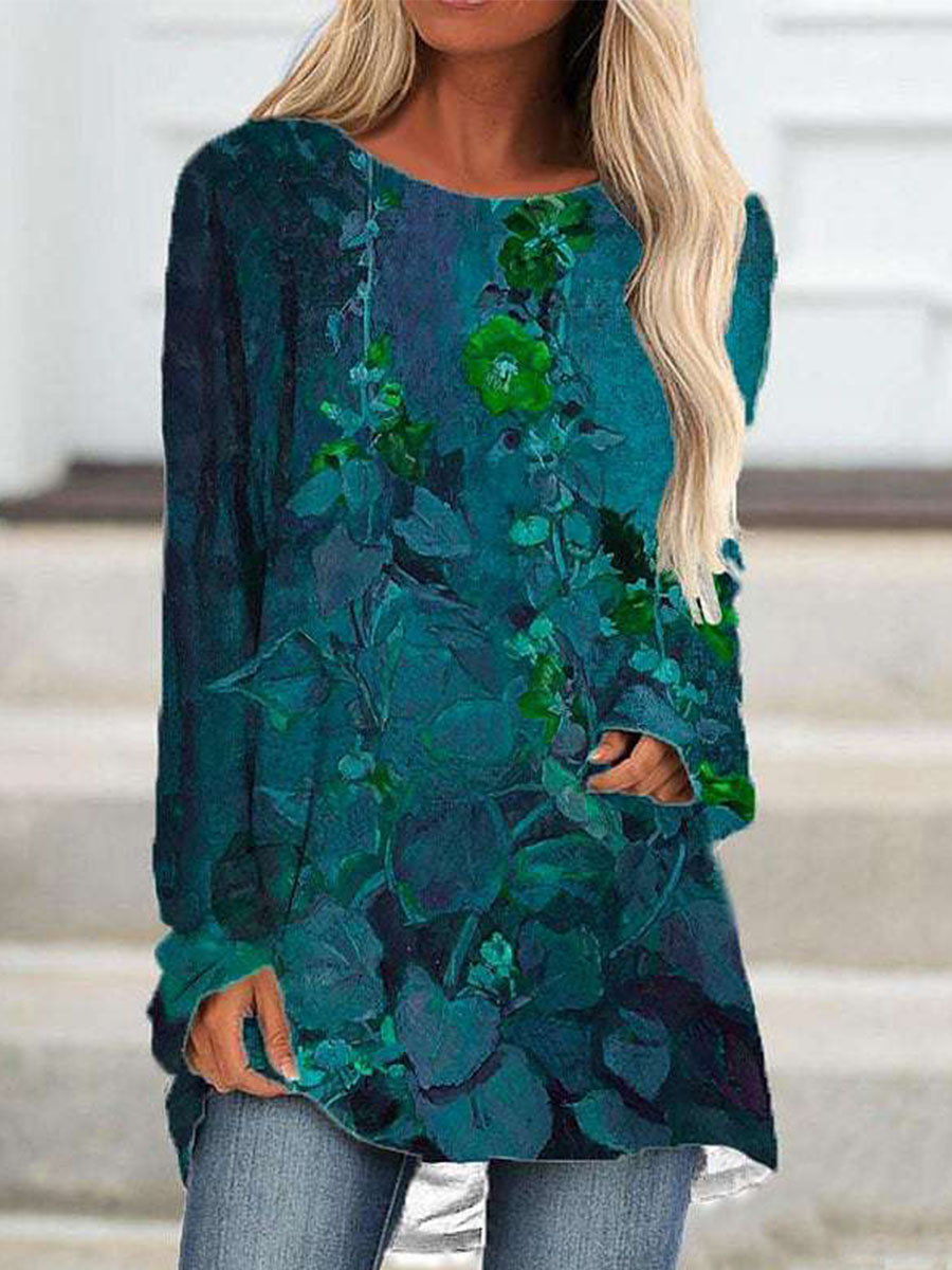 Casual Floral Print Long Sleeve Loose T Shirt