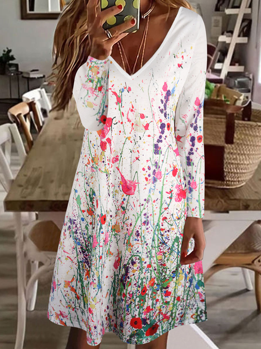 V neck Casual Loose Floral Print Long Sleeve Short Dress