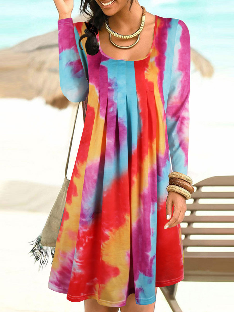Round Neck Casual Loose Smudge Long Sleeve Short Dress