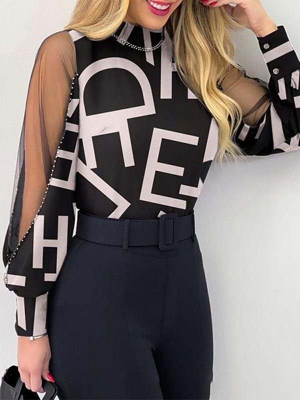 Ladies Elegant Letter Print Mesh Panel Hot Drill Top