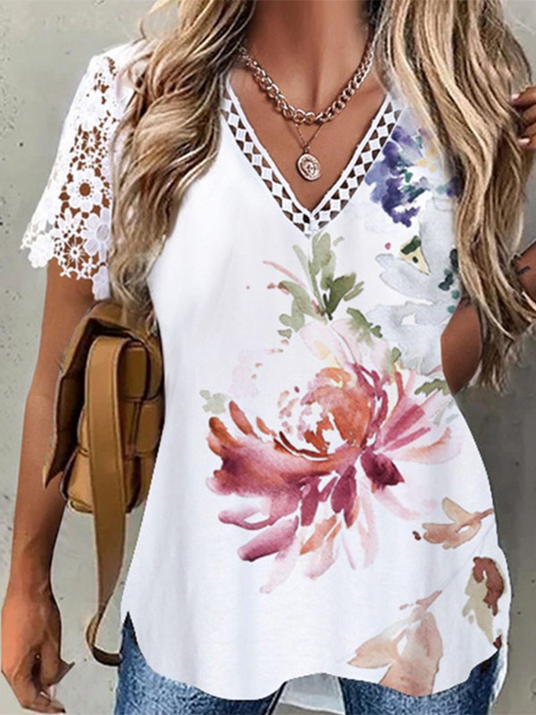 Ladies Elegant Lace Sleeves Lace Patchwork Floral V Neck Top