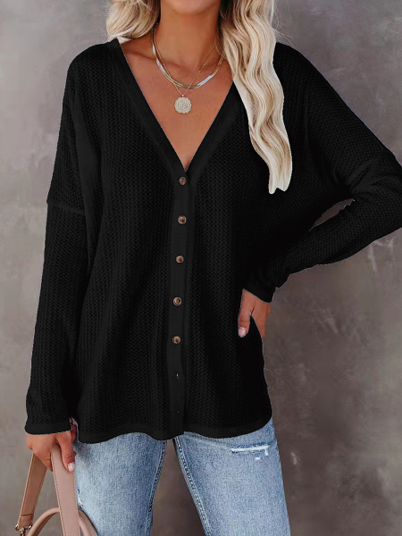 Fall/Winter Waffle Solid Color Single Breasted V Neck Long Sleeve T Shirt