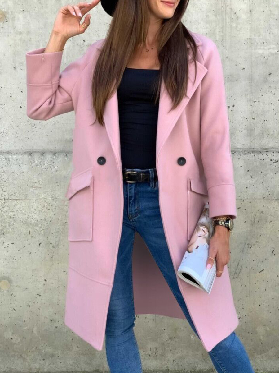 Fall/Winter Solid Color Long Sleeve Lapel Button Pocket Coat
