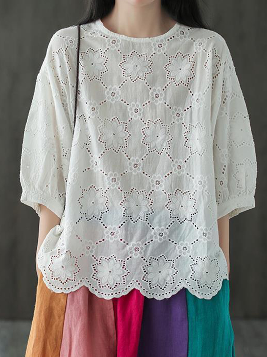 Embroidered Vintage Loose Crewneck Cotton Blouse