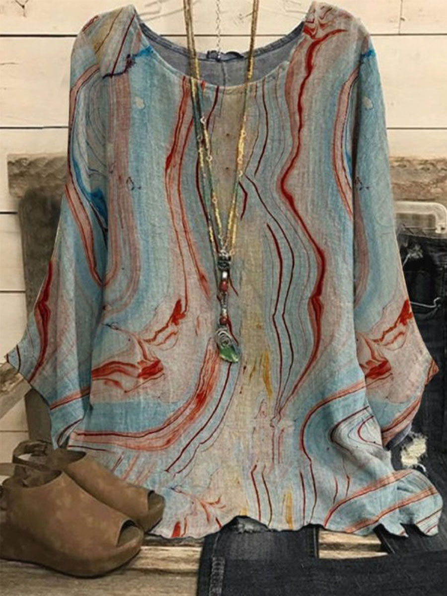 Vintage Marbling Print Casual Crew Neck Long Sleeves Blouse