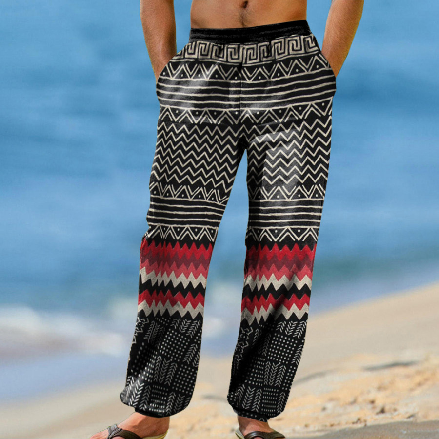 

Men's Linen Black White Gypsy With Red Print Boho Pants