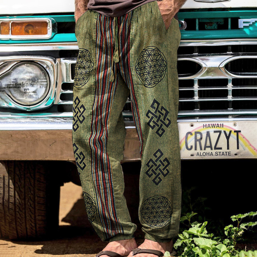 

Men's Linen Band Tribal Symbol Striped Patchwork Print Boho Pants