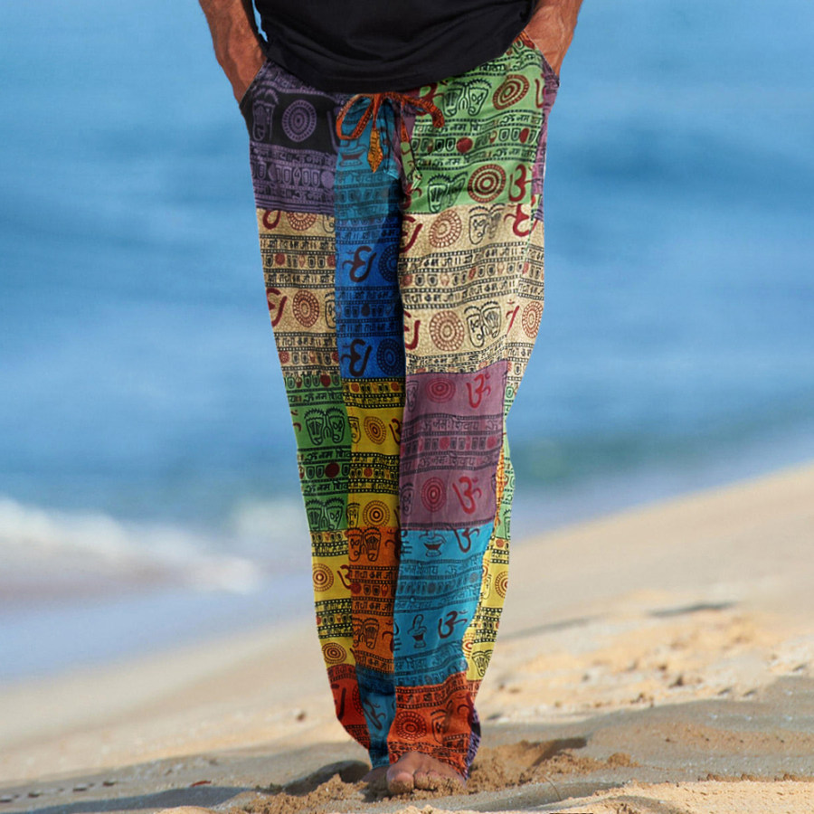 

Men's Linen Multicolored Om Patchwork Boho Pants With Cuffed Ankles