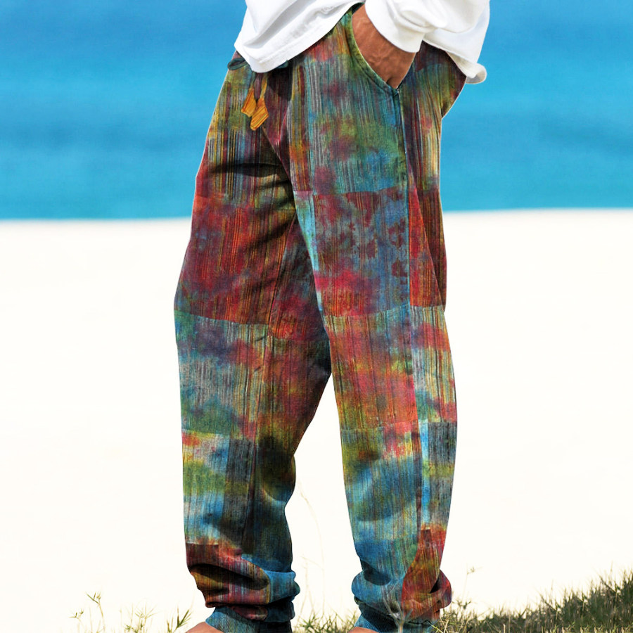 

Men's Linen Boho Tribal Print Tie Dye Long Pants