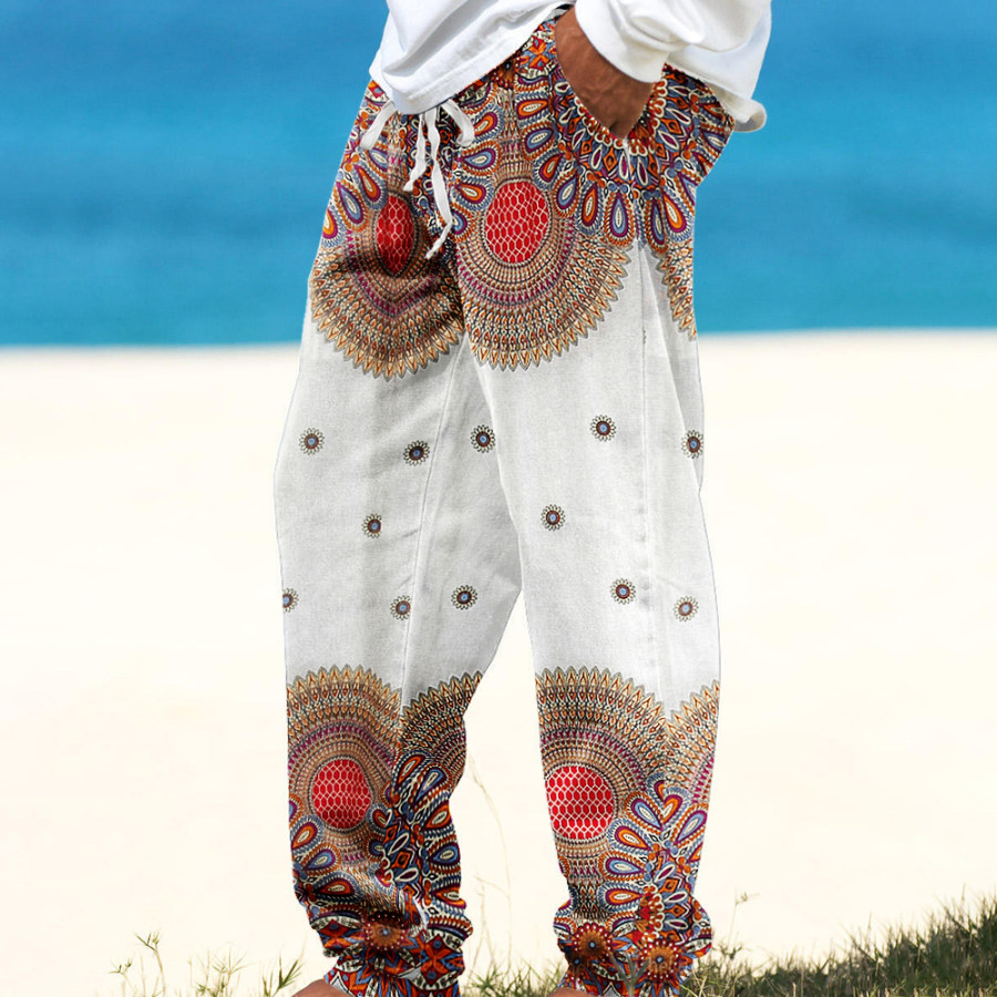 

Men's Linen Floral Mandala Printed Green Straight Leg Pants