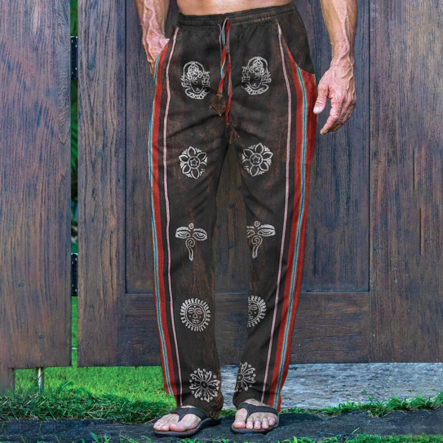 

Men's Linen Band Tribal Symbol Striped Patchwork Print Boho Pants