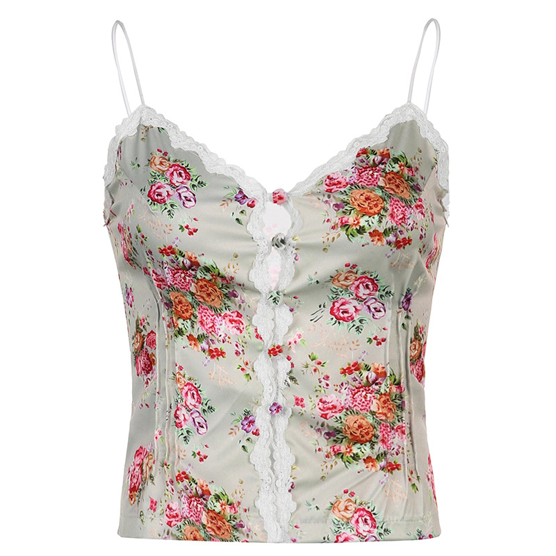Women's Lace Print Contrast Camisole Crop Top