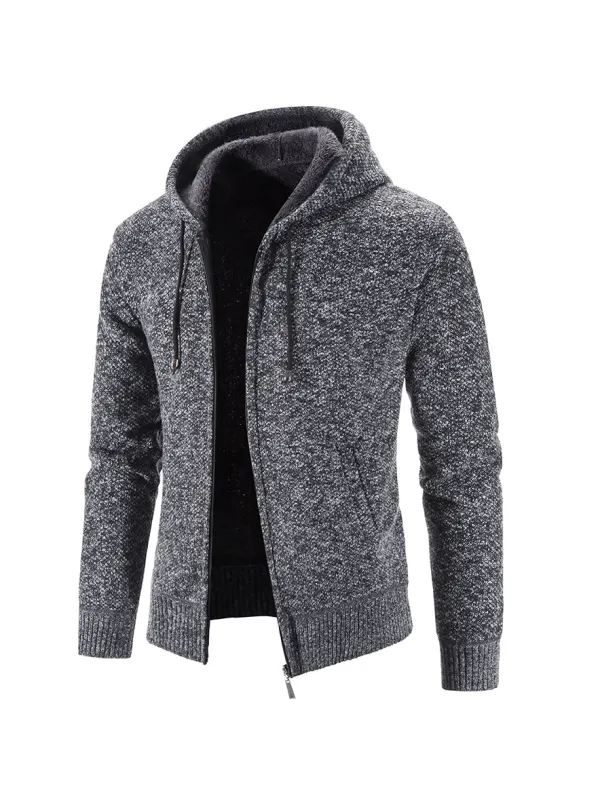 Men's Casual Fleece Thickened Hooded Knit Cardigan Jacket - Ootdmw.com