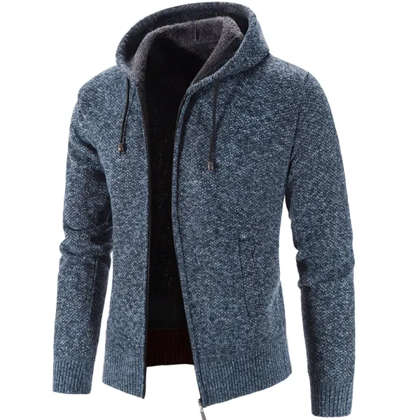 Men's Casual Fleece Thickened Hooded Knit Cardigan Jacket - Kalesafe.com 