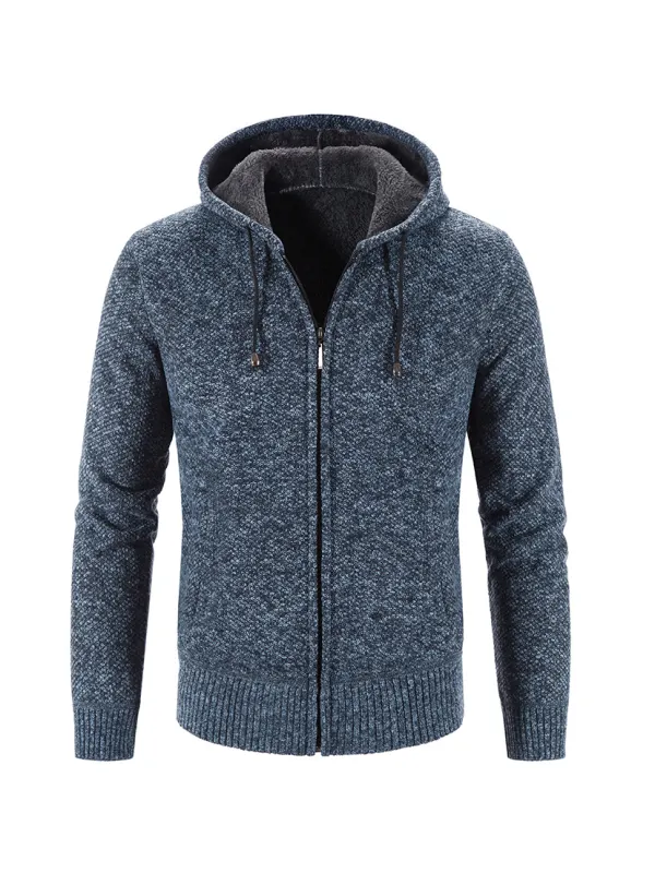Men's Casual Fleece Thickened Hooded Knit Cardigan Jacket - Ootdmw.com