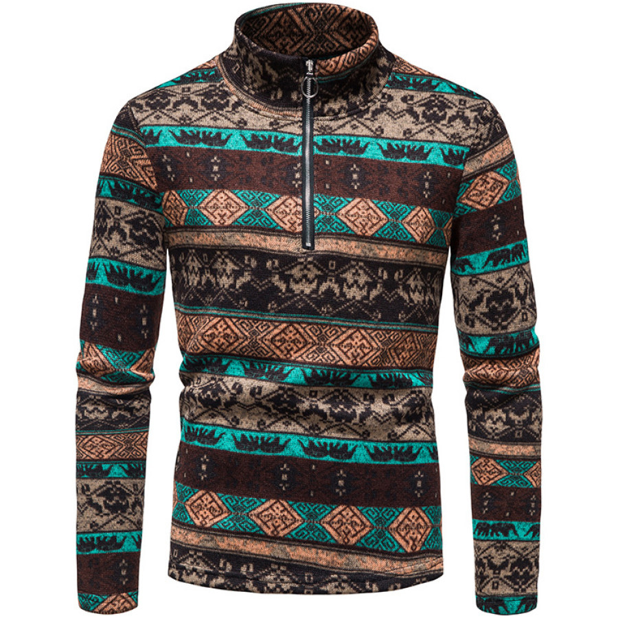 

Men's Casual Stand Collar Zipper Ethnic Style Pullover Sweater