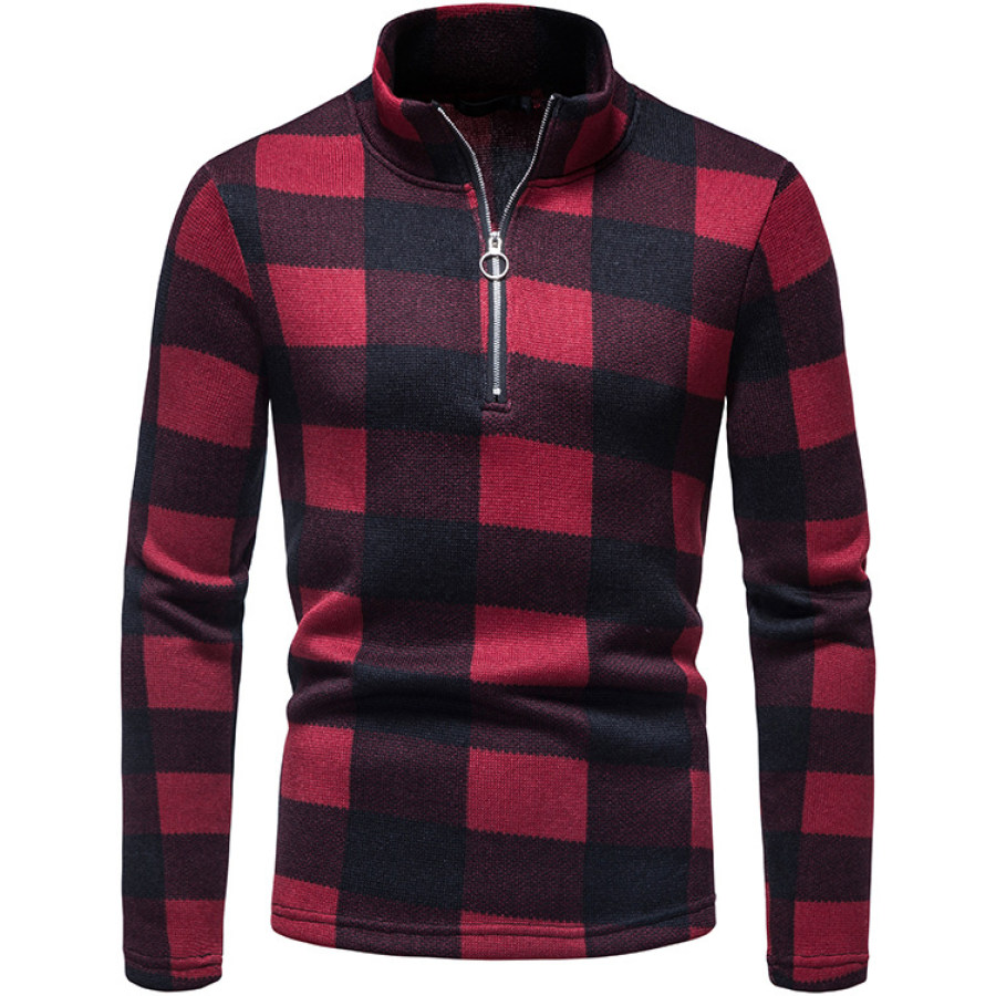 

Men's Fashion Casual Stand Collar Zipper Plaid Pullover Sweater Knitwear