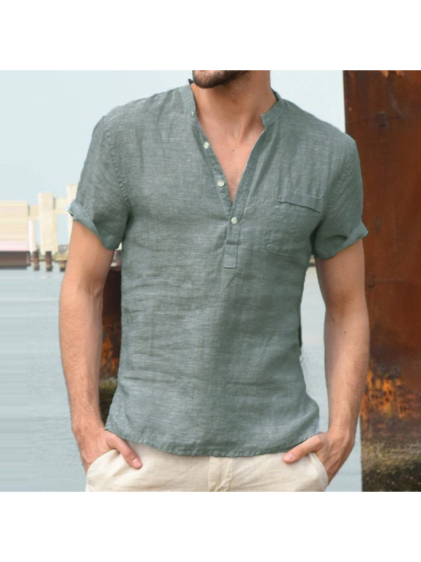 Men's Solid Color Casual Short Sleeve Linen Shirt