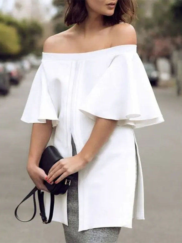 Ladies Elegant Fashion Solid Color One Line Neck Loose Slit T Shirt