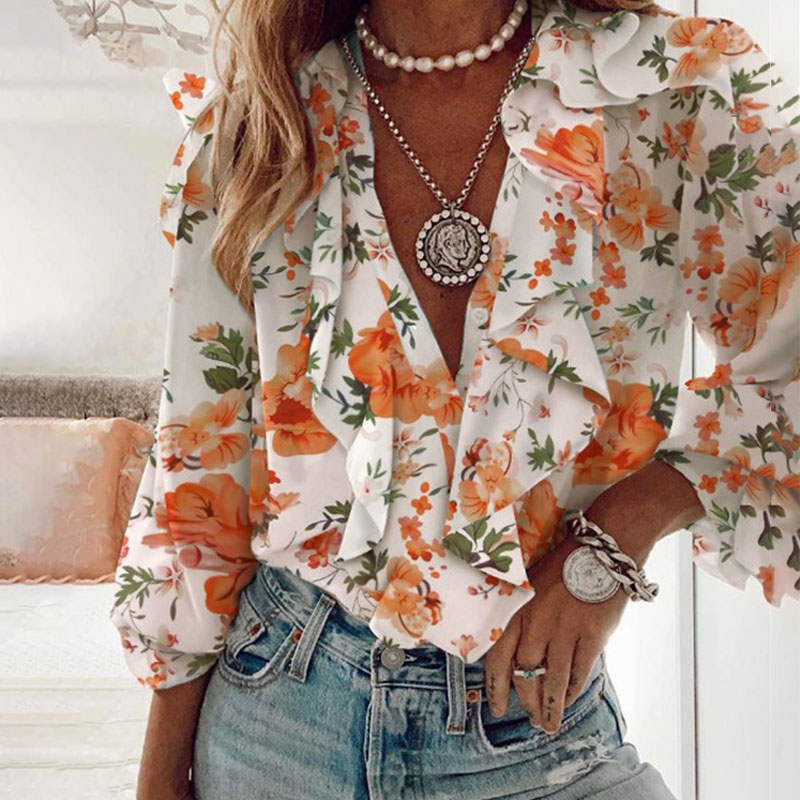 Ladies Elegant Print Fashion V Neck Shirt