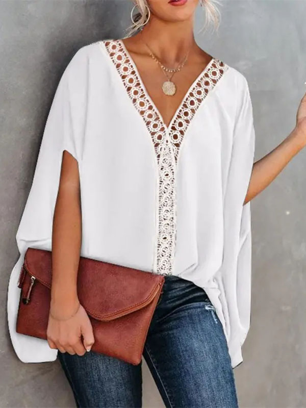 Ladies Elegant Fashion Doll Sleeve Patchwork Lace Loose Shirt