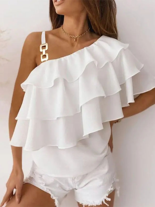 Ladies Elegant Ruffled One Shoulder Metal Sling Chiffon Top