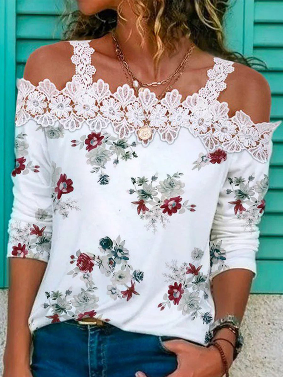 Casual Floral Square Neck Loose Long Sleeve T Shirt