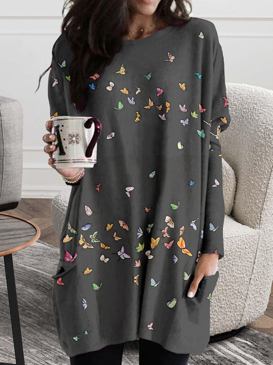 Round Neck Casual Loose Floral Print Long Sleeve T Shirt