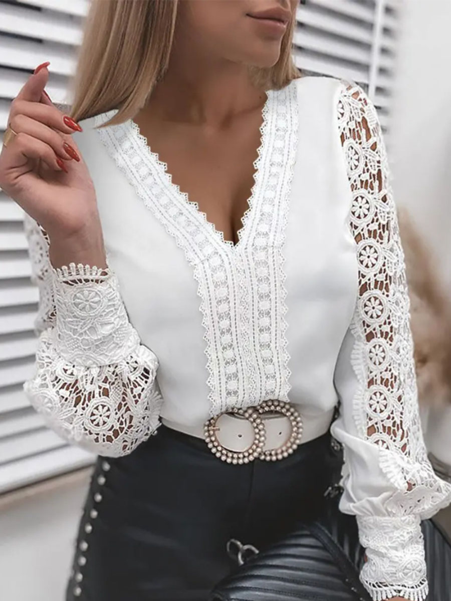 V Neck Casual Loose Solid Color Long Sleeve Blouse